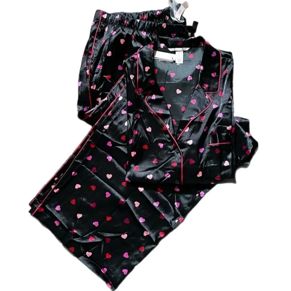 Victorias Secret Hearts SATIN button down top & bottoms pant pajama Set XXL